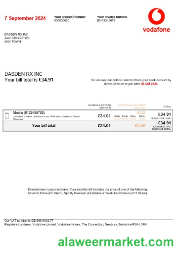 United Kingdom Vodafone business utility bill Word and PDF template